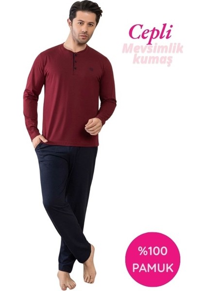 Erkek 3 Düğmeli %100 Pamuk Mevsimlik Uzun Kol Cepli Pijama Takımı