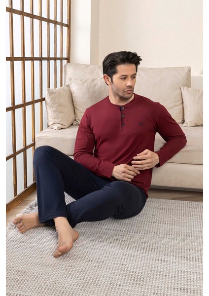 Erkek 3 Düğmeli %100 Pamuk Mevsimlik Uzun Kol Cepli Pijama Takımı modelleri