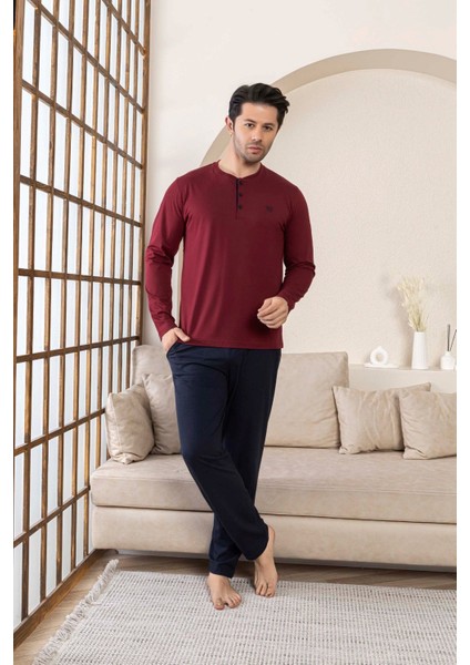 Erkek 3 Düğmeli %100 Pamuk Mevsimlik Uzun Kol Cepli Pijama Takımı fırsatları