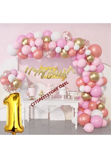 Lüks Pembe Rose Gold 1 Yaş Balon Seti