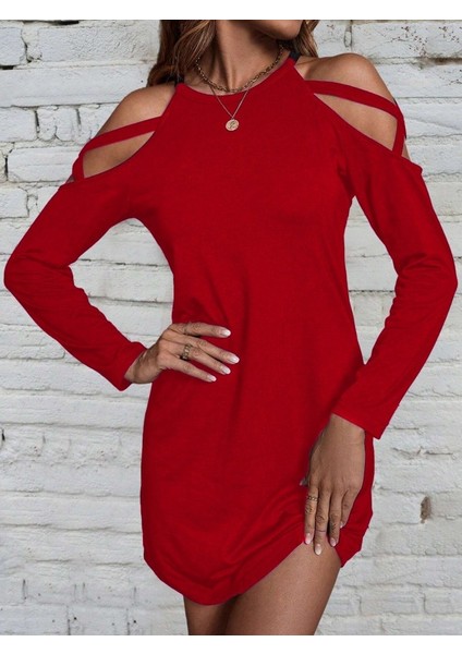 Kadın Uzun Kollu Omuz Açık Askı Detay Viskon Mini Boy Elbise fiyatları