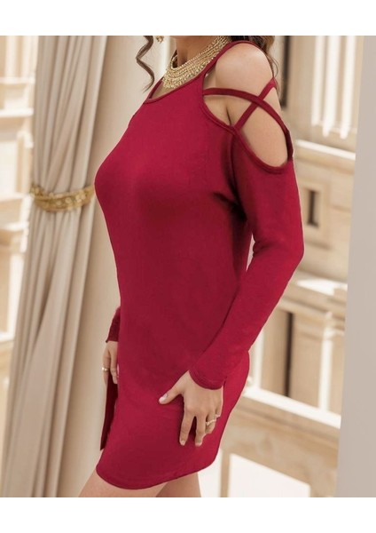 Kadın Uzun Kollu Omuz Açık Askı Detay Viskon Mini Boy Elbise
