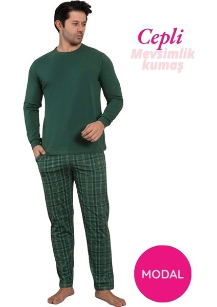 Erkek Bisiklet Yaka Düğmesiz Ekose Desen Modal Mevsimlik Uzun Kol Manşetli Cepli Pijama Takımı