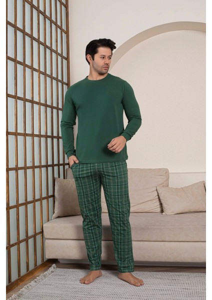 Erkek Bisiklet Yaka Düğmesiz Ekose Desen Modal Mevsimlik Uzun Kol Manşetli Cepli Pijama Takımı fırsatları