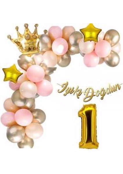 Lüks Pembe Gold Doğum Günü 1 Yaş Balon Seti