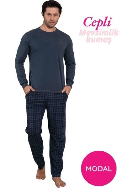 Erkek Bisiklet Yaka Düğmesiz Ekose Desen Modal Mevsimlik Uzun Kol Manşetli Cepli Pijama Takımı