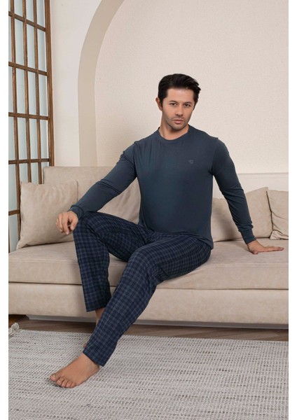 Erkek Bisiklet Yaka Düğmesiz Ekose Desen Modal Mevsimlik Uzun Kol Manşetli Cepli Pijama Takımı modelleri