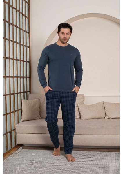 Erkek Bisiklet Yaka Düğmesiz Ekose Desen Modal Mevsimlik Uzun Kol Manşetli Cepli Pijama Takımı fırsatları