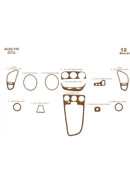 Alfa 156 Konsol-Torpido Kaplama 1997 12 Parça Açık Meşe