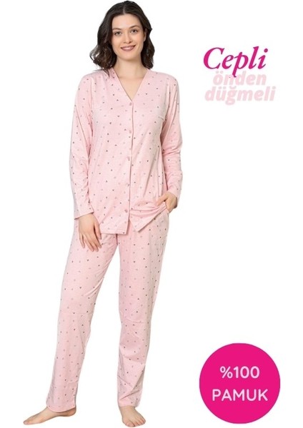 Kadın V Yaka Önden Düğmeli %100 Pamuk Uzun Kol Cepli Pijama Takımı