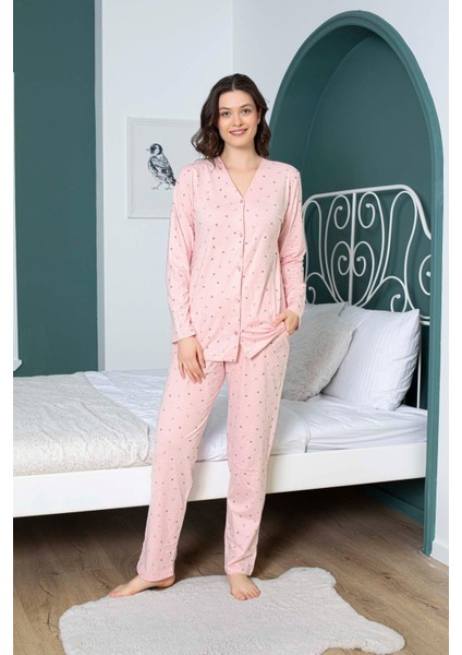 Kadın V Yaka Önden Düğmeli %100 Pamuk Uzun Kol Cepli Pijama Takımı modelleri