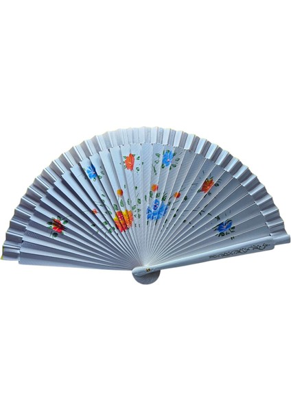 Yelpaze Bambu Çift Taraflı Çiçekli El Boyama Beyaz