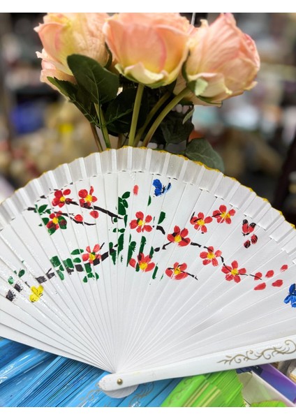 Yelpaze Bambu Çift Taraflı Çiçekli El Boyama Beyaz fiyatları