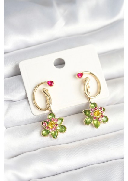 Pirinç Gold Renk Zirkon Taşlı Çiçek Model Kadın Küpe - TJ-BKP11249