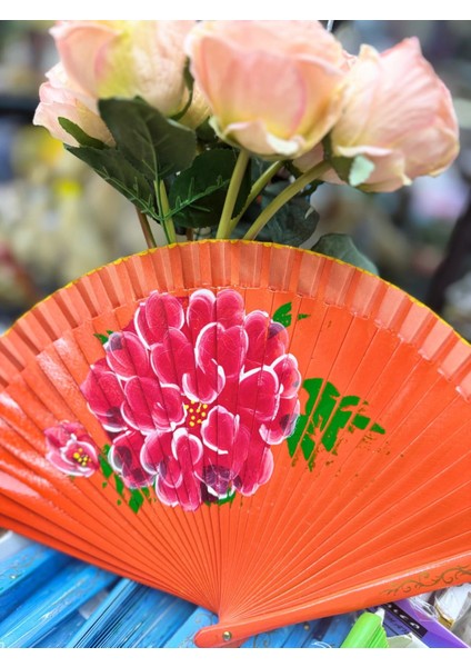 Yelpaze Bambu Çift Taraflı Çiçekli El Boyama Turuncu