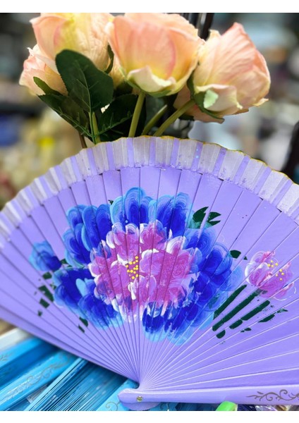 Yelpaze Bambu Çift Taraflı Çiçekli El Boyama Lila