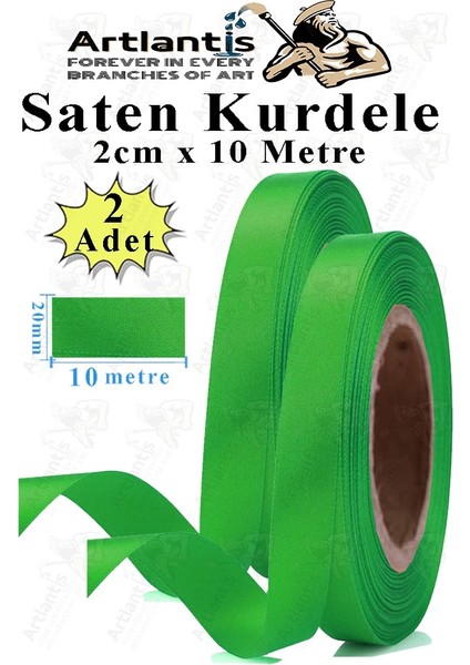 Yeşil Kurdele Saten 2 cm 10 Metre 2 Adet Saten Kurdela Parlak Hediye ve Süsleme Şeridi Süs Paketleme Çiçek Saç El