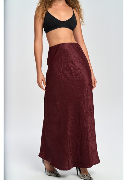 Eubah Kırışık Uzun Bordo Saten Etek