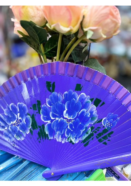 Yelpaze Bambu Çift Taraflı Çiçekli El Boyama Mor