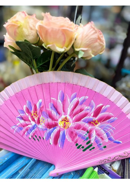 Yelpaze Bambu Çift Taraflı Çiçekli El Boyama Pembe