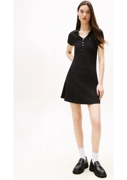 Tommy Hılfıger Kadın Marka Logolu Fitilli Ön Düğmeli Mini Günlük Kullanıma Uygun Siyah Elbise DW0DW21172 Bds