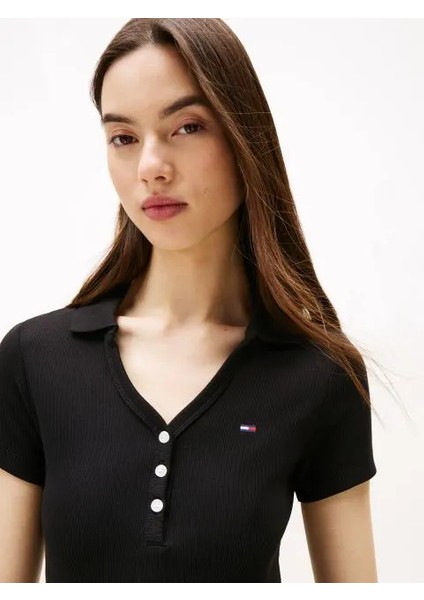 Tommy Hılfıger Kadın Marka Logolu Fitilli Ön Düğmeli Mini Günlük Kullanıma Uygun Siyah Elbise DW0DW21172 Bds fiyatları