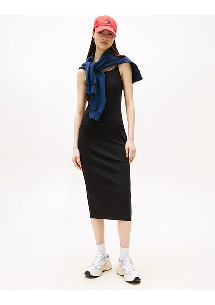 Tommy Hılfıger Kadın Marka Logo Nakışlı Fitilli Midi Boy Günlük Kullanıma Uygun Siyah Elbise DW0DW21170 Bds