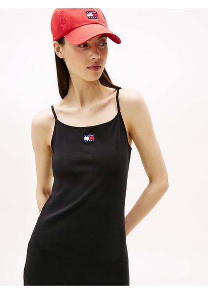 Tommy Hılfıger Kadın Marka Logo Nakışlı Fitilli Midi Boy Günlük Kullanıma Uygun Siyah Elbise DW0DW21170 Bds modelleri