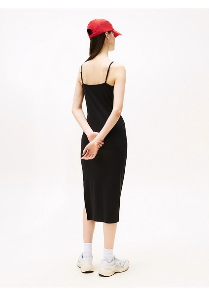 Tommy Hılfıger Kadın Marka Logo Nakışlı Fitilli Midi Boy Günlük Kullanıma Uygun Siyah Elbise DW0DW21170 Bds fırsatları