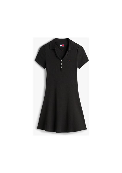 Tommy Hılfıger Kadın Marka Logolu Fitilli Ön Düğmeli Mini Günlük Kullanıma Uygun Siyah Elbise DW0DW21172 Bds