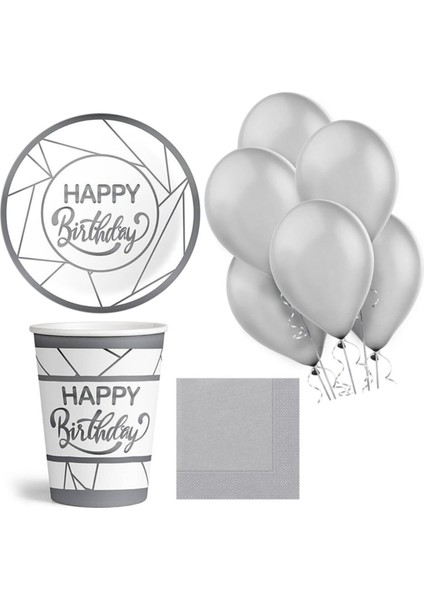 Mini Party Store Gümüş Happy Birthday Temalı Parti Seti Beyaz 8 Kişilik
