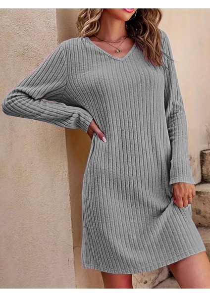 Kadın Uzun Kollu V Yakalı Kısa Şardonlu Kaşkorse Elbise fiyatları