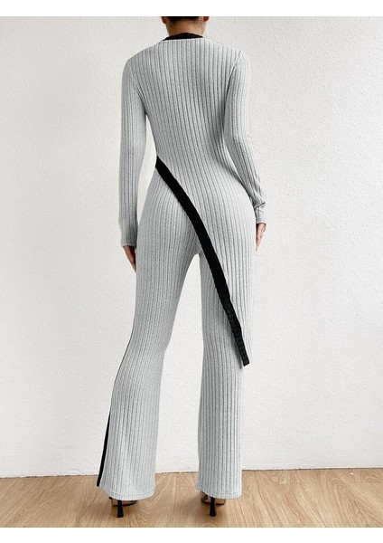 Kadın Uzun Kollu Bisiklet Yaka Asimetrik Kesim Bluz Şardonlu Kaşkorse Bluz ve Pantolon Ikili Takım