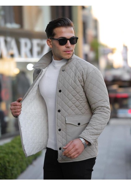 Erkek Çıtçıt Basic Kışlık Kürklü Bej Kapitone Mont