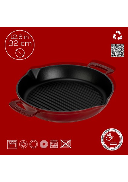 Döküm Yuvarlak Izgara Tavası Döküm Demir Yekpare Çift Kulplu ÇAP(Ø)32CM.-BORDO fırsatları