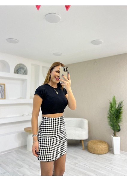 Kadın Kazayağı Desen Vatka Detay Kaban ve Yüksek Bel Etek Ikili Takım modelleri