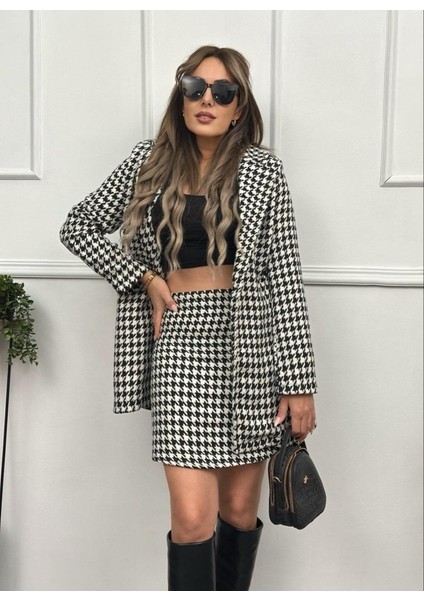 Kadın Kazayağı Desen Vatka Detay Kaban ve Yüksek Bel Etek Ikili Takım