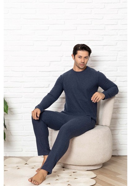 Erkek Guava Bisiklet Yaka Düğmesiz Kışlık Waffle Pamuklu Kumaş Uzun Manşetli Kol Cepli Pijama Takımı fırsatları