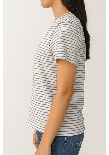 Unisex Çizgi Desenli Bisiklet Yaka Tişört