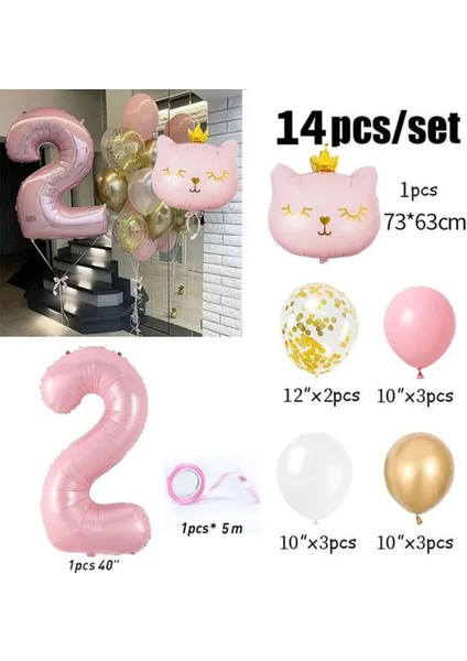 Pembe Kedi Rakamlı Yaş Balon Set