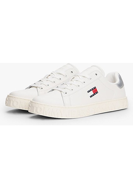 Tommy Hılfıger Kadın Marka Logolu Kalın Tabanlı Elastık Bağcıklı Günlük Kullanıma Uygun Beyaz-Gümüş Sneaker EN0EN02703 0k7
