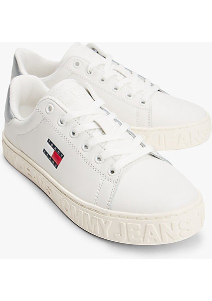 Tommy Hılfıger Kadın Marka Logolu Kalın Tabanlı Elastık Bağcıklı Günlük Kullanıma Uygun Beyaz-Gümüş Sneaker EN0EN02703 0k7 fırsatları