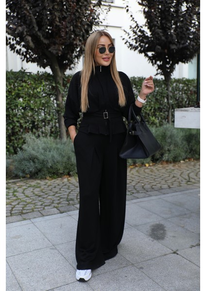 Buketli Kadın Ceket Eteği ve Pantolonu Pile Detaylı Kuşaklı Ikili Takım