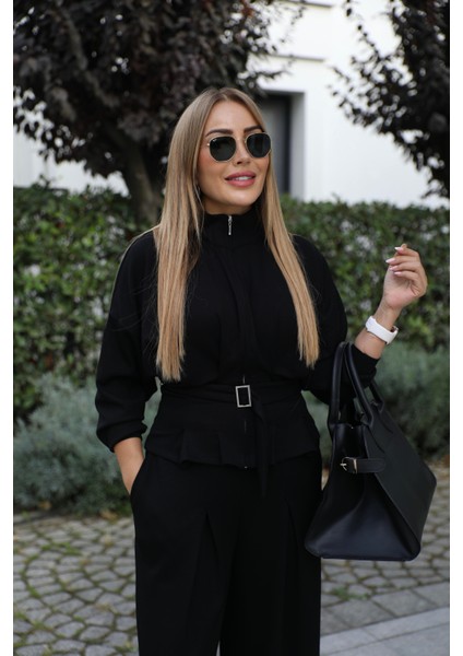 Buketli Kadın Ceket Eteği ve Pantolonu Pile Detaylı Kuşaklı Ikili Takım fiyatları