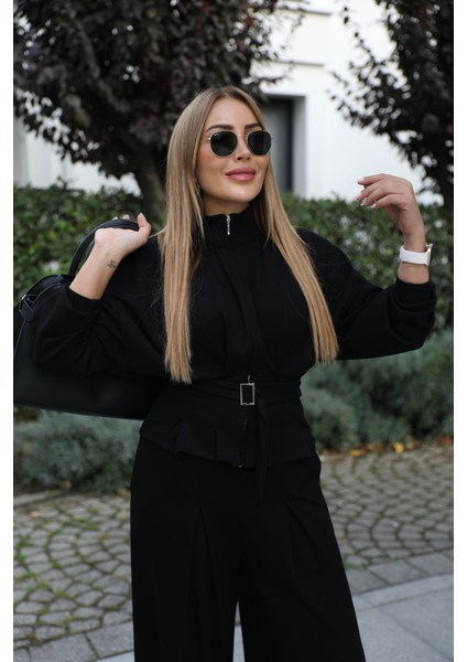 Buketli Kadın Ceket Eteği ve Pantolonu Pile Detaylı Kuşaklı Ikili Takım modelleri