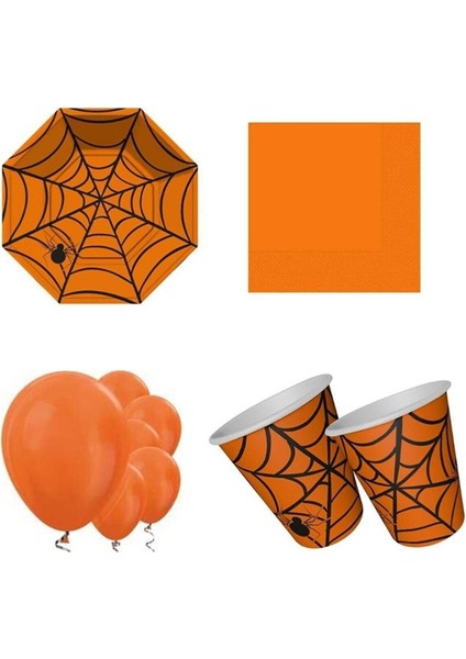 Mini Party Store Cadılar Bayramı Örümcek Ağı Turuncu Parti Seti 8 Kişilik