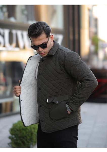 Erkek Çıtçıt Basic Kışlık Kürklü Haki Kapitone Mont