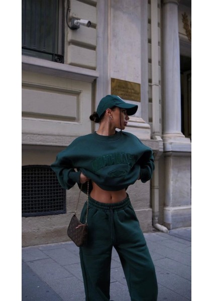 Bisiklet Yaka Nakış Işlemeli Üç Iplik Sweat Takım - Yeşil indirimleri