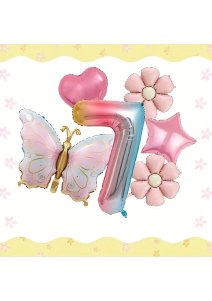 Pembe Kelebek, Papatya ve Kalp Balonlu Doğum Günü Folyo Balon Set