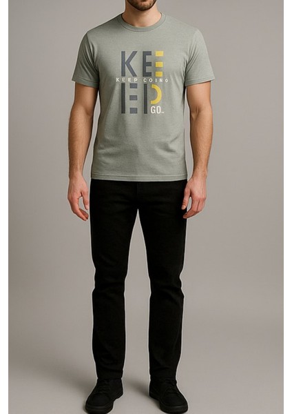 Unisex Haki Bisiklet Yaka Baskılı Tişört